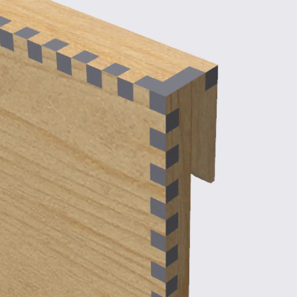 Close-up of a laser-cut wood joint featuring interlocking finger joints and a precise French cleat profile, showcasing craftsmanship and durability. The design emphasizes strength and accuracy, ideal for modular tool storage and DIY workshop projects. Keywords: laser-cut wood joint, French cleat system, interlocking design, woodworking precision, tool storage solutions.