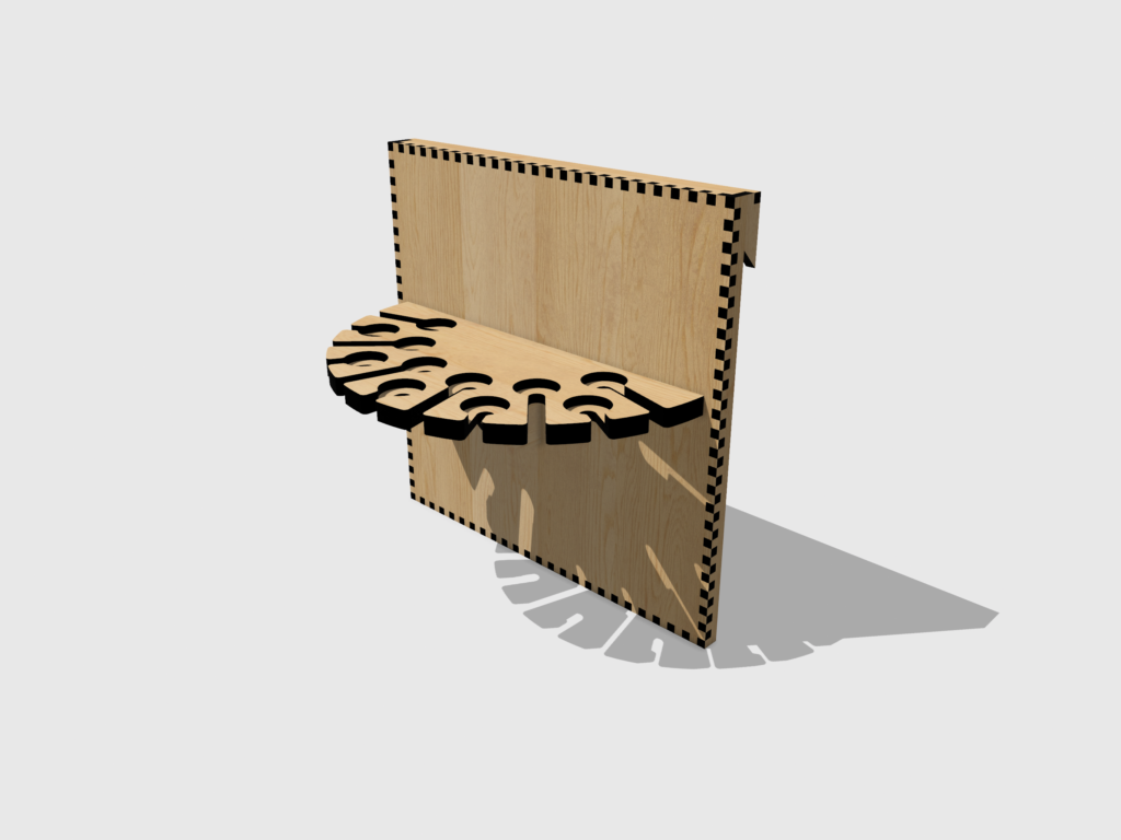 Laser-cut French cleat screwdriver holder with a curved, slotted shelf designed to securely organize multiple screwdrivers. The interlocking finger joints and precise construction emphasize durability and craftsmanship. Ideal for modular tool storage and workshop organization. Keywords: French cleat screwdriver holder, laser-cut design, tool storage, woodworking, workshop organization.