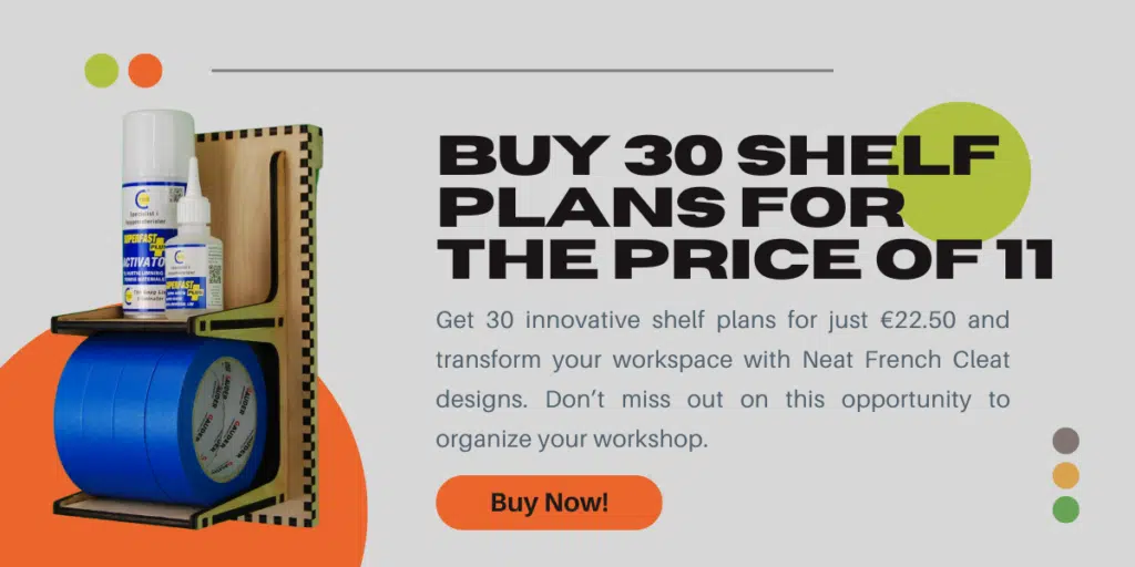 Promotional block offering 30 shelf plans for the price of 11. The bundle includes various customizable and modular shelves designed to organize your workspace, with a 'Buy Now' button for immediate purchase.