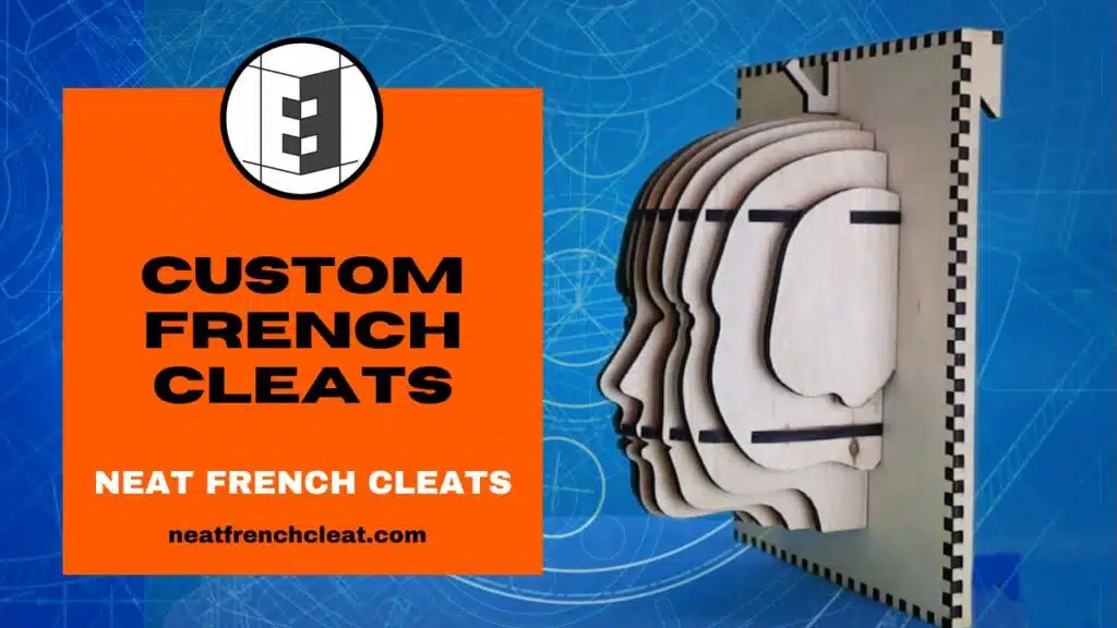 Custom French cleats display featuring a laser-cut head-shaped design mounted on a French cleat system, with bold orange text that reads "Custom French Cleats" and "Neat French Cleats" along with the website neatfrenchcleat.com. The background includes technical blueprint-style graphics, emphasizing craftsmanship and workshop organization. Keywords: French cleats, custom tool storage, laser-cut designs, workshop organization.