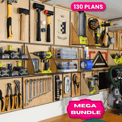 French cleat workshop wall with 130 tool holder plans from Neat French Cleats Mega Bundle, including drill holders, battery storage, wrench racks, and more.