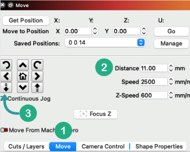 A screenshot of the Move tab in LightBurn laser software used for focal height adjustment. Three green numbered circles indicate a step-by-step tutorial process: step 1 selects the Move tab at the bottom, step 2 highlights the Distance field set to 11.00 mm, and step 3 uses a curved arrow to point to the downward Z-axis movement button. This instructional graphic illustrates how to precisely control a laser's Z-axis focus within the software interface.