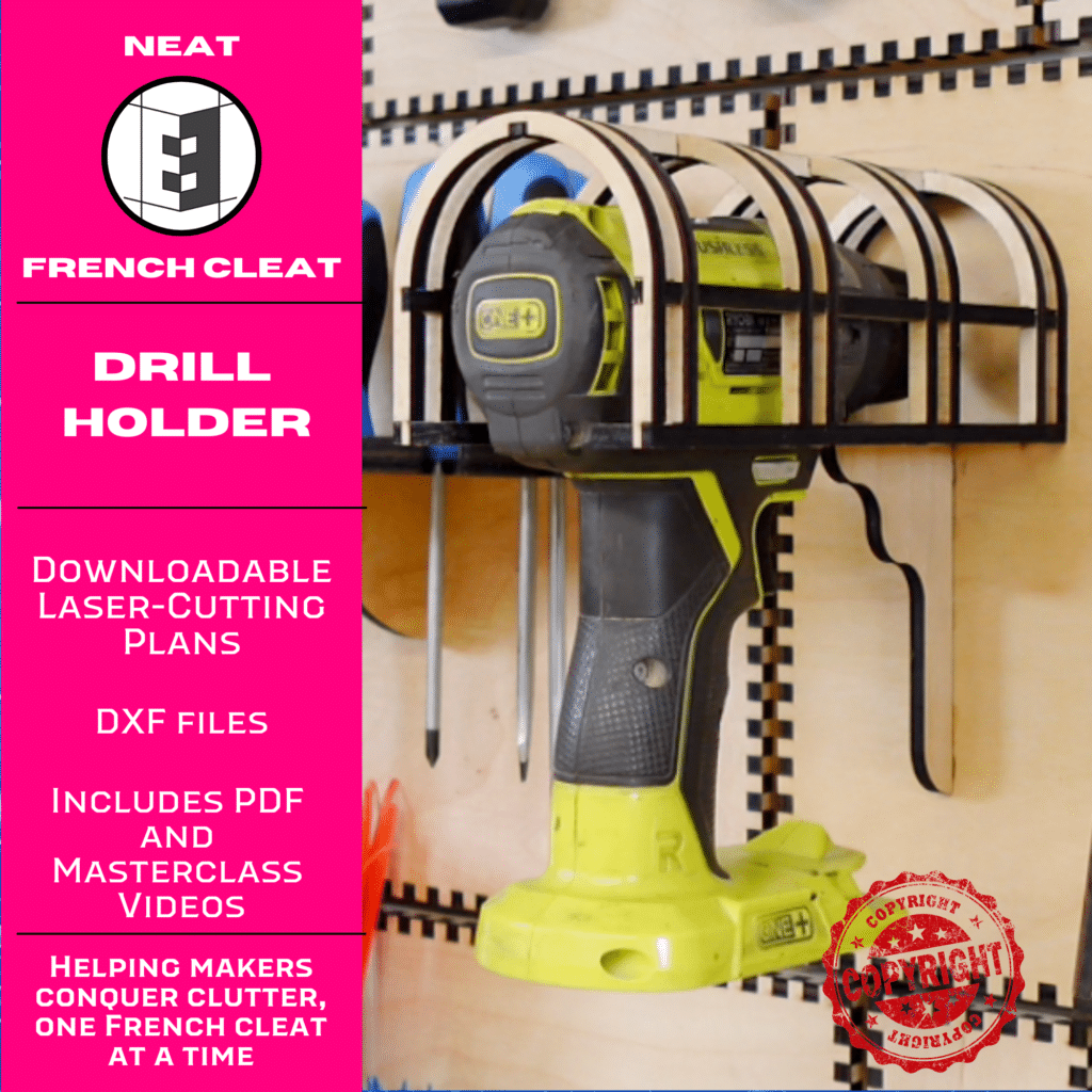 French cleat drill holder with protective cage mounted on wood backplate, holding a cordless Ryobi drill.