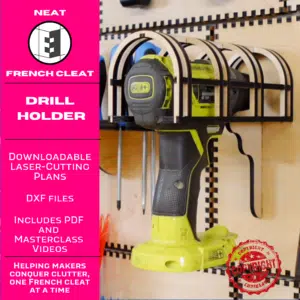 French cleat drill holder with protective cage mounted on wood backplate, holding a cordless Ryobi drill.