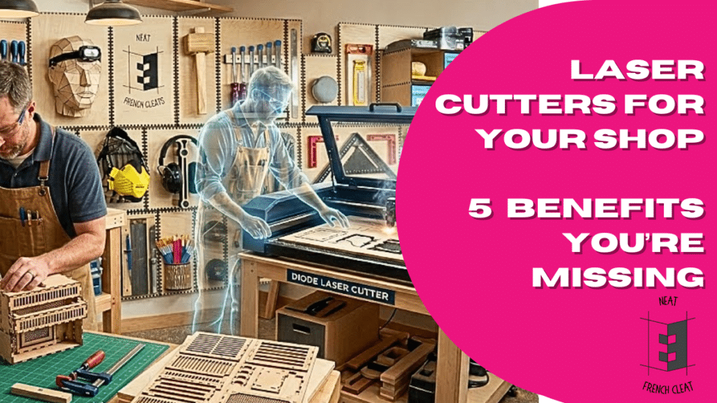A professional banner image for an article titled Laser Cutters for Woodworking: 5 Game-Changing Benefits You're Missing. The visual features a workshop scene on the left where a woodworker in a brown leather apron assembles a project while a translucent, glowing "ghost" apprentice operates a diode laser cutter in the background, illustrating parallel productivity . The workshop wall is organized with a custom French cleat system holding various tools. On the right, a large pink circular overlay contains bold white text reading LASER CUTTERS FOR YOUR SHOP and 5 BENEFITS YOU'RE MISSING. The Neat French Cleat logo is positioned in the bottom right corner. This image effectively captures the concept of the "Invisible Apprentice" and the efficiency of digital fabrication in a modern workshop .