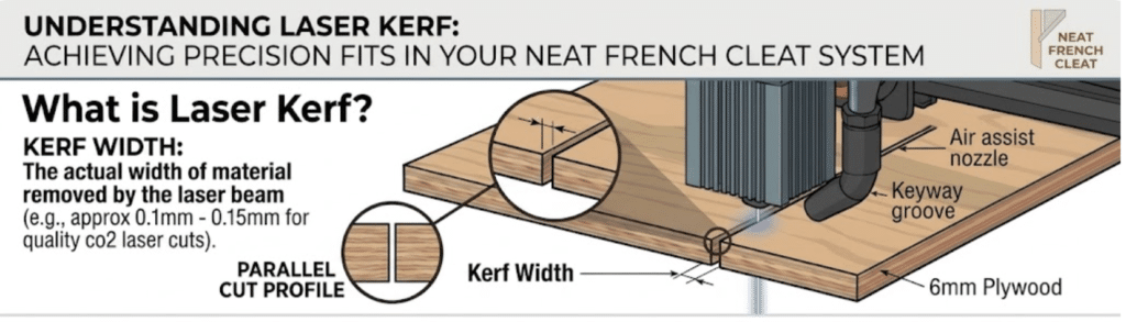 An educational technical graphic titled Understanding Laser Kerf for the Neat French Cleat system. The image illustrates a laser head cutting through 6mm plywood with labels for an air assist nozzle and keyway groove. A primary text section defines kerf width as the actual width of material removed by the laser beam, noting a typical range of 0.1mm to 0.15mm for quality CO2 laser cuts. Circular callout diagrams emphasize a parallel cut profile and a magnified view of the kerf gap to explain how precision fits are achieved in woodworking.