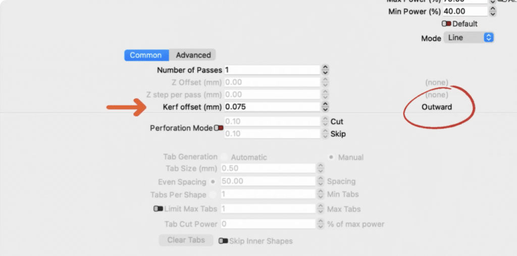 A screenshot of the Common settings tab in laser software, illustrating how to calibrate for precision fits. An orange arrow points to the Kerf offset (mm) field set to 0.075, and a red circle highlights the Outward offset setting. This instructional image shows the specific software adjustments needed to compensate for material lost during cutting, ensuring that Neat French Cleat tool holders and panels fit together with factory-level accuracy.