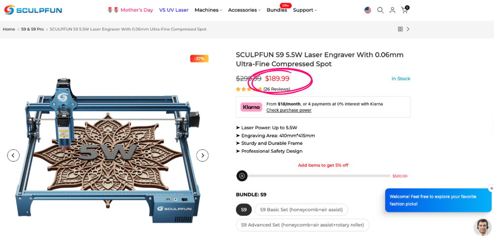 Sculpfun S9 diode laser listing showing sub-$200 pricing. This machine is the foundation of the Neat French Cleat Master System, proving that high-precision workshop organization is accessible on a budget.