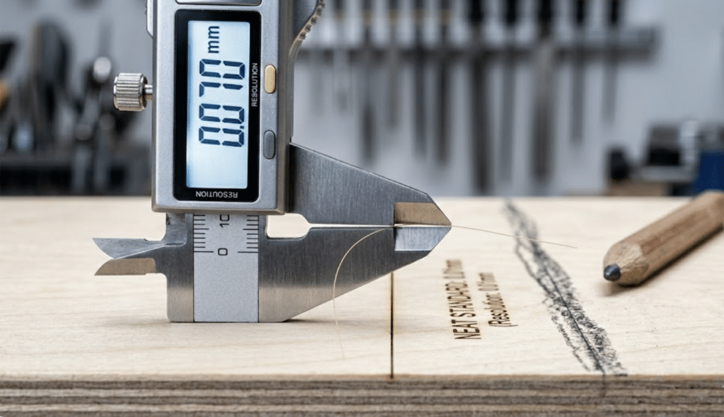 Macro photograph demonstrating workshop metrology. Digital calipers verify a laser-etched line at 0.07mm resolution on birch plywood. A human hair and a traditional pencil line are shown nearby for scale comparison, illustrating the mathematical accuracy required for the Neat Master System.