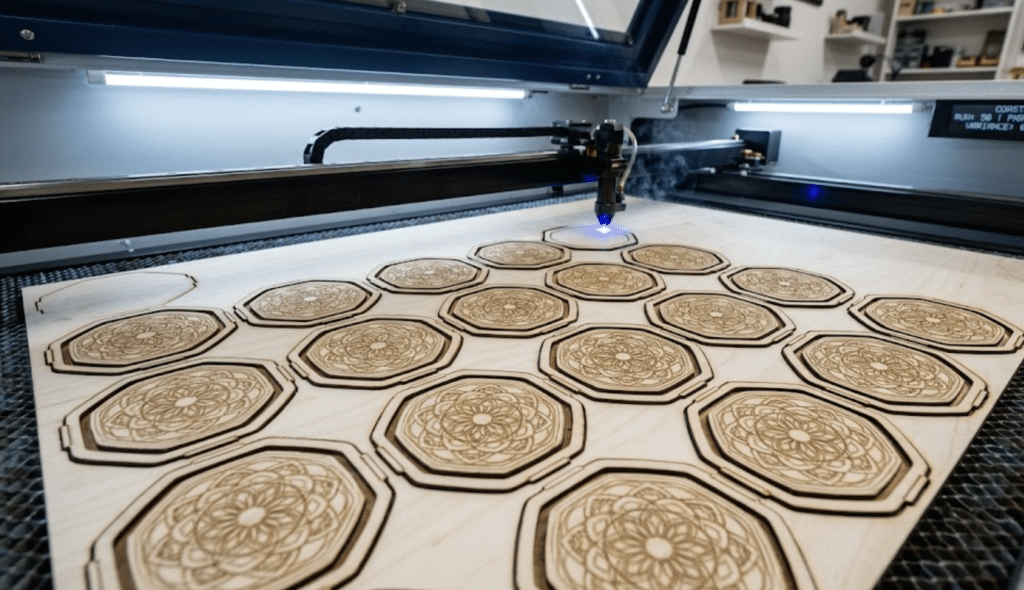 Close-up photograph looking into an active CO2 laser cutter and engraver machine in a small business workshop. The laser head with a glowing blue beam is actively engraving and cutting multiple octagonal plywood coasters with intricate geometric mandala patterns. A grid of dozens of partially completed coasters fills the workspace. The machine's control panel display reads COASTERS RUN: 50 | PART: 24/50 | VARIANCE: 0.00mm. The background shows a clean workshop with tools and supply shelves.
