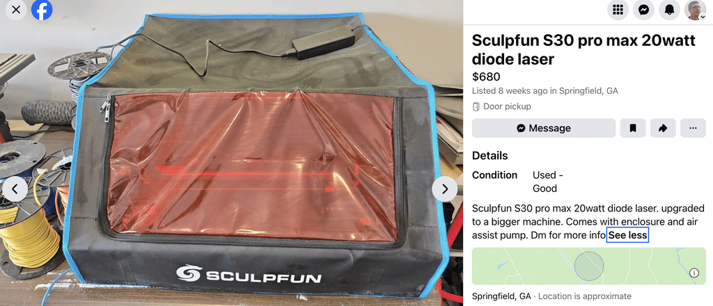 Example of a used Sculpfun S30 Pro Max 20W on FB marketplace